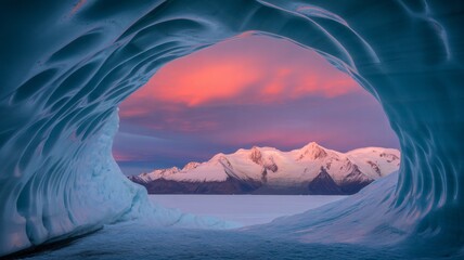 Dramatic ice cave framing snowy mountains and a vibrant sunset sky in Iceland, inspiring adventure and wanderlust, ideal for travel and nature themes