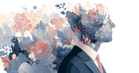 Mind growth progress concept, flat tiny person, transparent background illustration. Head silhouette with businessman growing symbolic knowledge plant. Brain process and intellectual activity improvem