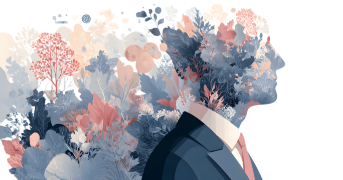 Mind growth progress concept, flat tiny person, transparent background illustration. Head silhouette with businessman growing symbolic knowledge plant. Brain process and intellectual activity improvem