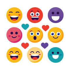 Collection of flat design emoji faces and heart icons