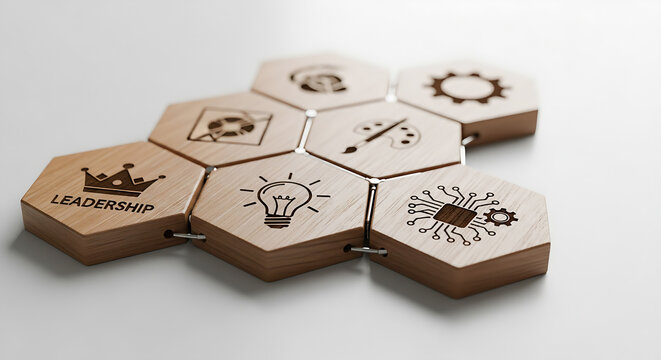 Conceptual composition of hexagonal wooden blocks with icons of progress, creativity and technology, in a modern style for stock photography. - Powered by Adobe