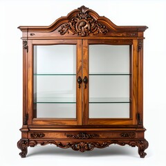 Ornate Wooden Display Cabinet with Glass Shelves and Intricate Carvings Isolated on White