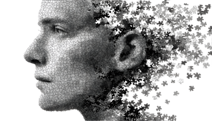 Human head profile and jigsaw puzzle, cognitive psychology or psychotherapy concept, mental health, brain problem, personality disorder, vector line design, tools. png