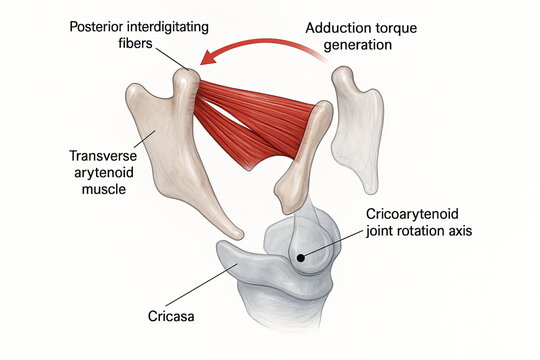 Anatomical illustration of the transverse arytenoid muscle and its role in vocal cord adduction, showing posterior interdigitating fibers and cricoarytenoid joint rotation axis.