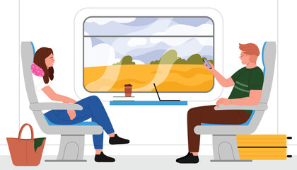 Man and woman travel in train compartment vector illustration. Cartoon inside train car scene with girl sitting in chair with neck pillow, guy holding phone to take photo of landscape outside window