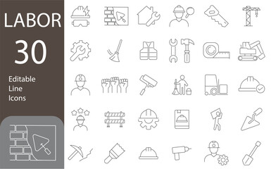 Labor Editable Line Icons Set. Construction, renovation, repair, work tools, materials, workers, building, business and more. 