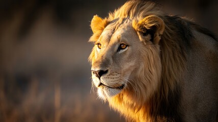 Majestic lion portrait bathed in golden light, a powerful symbol of strength and resilience perfect for impactful campaigns and branding projects
