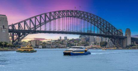 Ferry on Sydney Harbour with harbour bridge in the background Sydney NSW Australia