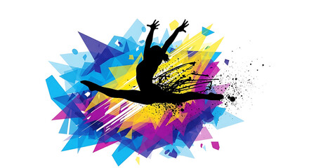 Energetic silhouette of a female dancer in a split leap, set against a vibrant explosion of colorful abstract geometric shapes and splatters.