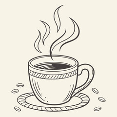 A charming hand drawn illustration of a steaming cup of coffee on a saucer with scattered coffee beans perfect for cafe menus and breakfast themes