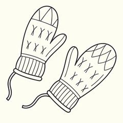 A charming hand drawn illustration of two knitted mittens with a simple yet elegant design perfect for winter themes and cozy crafting projects