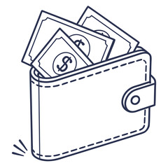 A simple line art illustration of an open leather wallet filled with dollar bills symbolizing financial wealth and savings