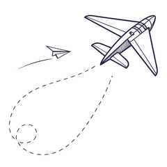 A whimsical hand drawn illustration depicts a large jet airplane following a dashed line path with a small paper airplane soaring ahead on a white background