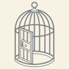 An empty open birdcage with a simple outline design and a neutral background symbolizing freedom escape and opportunity