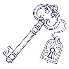 An antique ornate key with a decorative tag featuring a keyhole symbol rendered in a classic dark blue outline drawing style on a clean white background