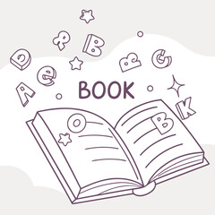An open book with the word book written above it and letters a b c and d floating around it with stars and sparkles suggesting learning and imagination