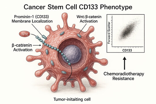 Illustration of a Cancer Stem Cell with CD133 Phenotype, Showing Wnt/&beta;-catenin Activation, Prominin-1 Membrane Localization, and Chemoradiotherapy Resistance. A scatter plot of CD133 and Forward Scatt