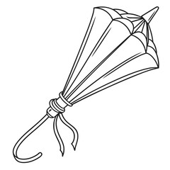 Elegant closed black and white line art drawing of a vintage umbrella with a curved handle and decorative ribbon tied around the shaft isolated on a white background