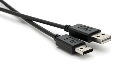 Essential black universal serial bus cables with male Type-A connectors, crucial for data transfer and device charging, isolated on a clean white background