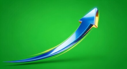 Blue metallic arrow moving up on green screen background. Concept of business growth and success for chromakey.