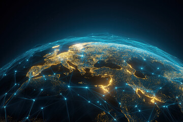 Obraz premium Glowing network lines connecting cities across Earth at night, neon blue & gold overlay on illuminated continents