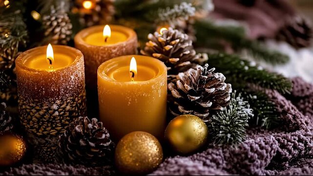 A group of three lit candles sitting on top of a table