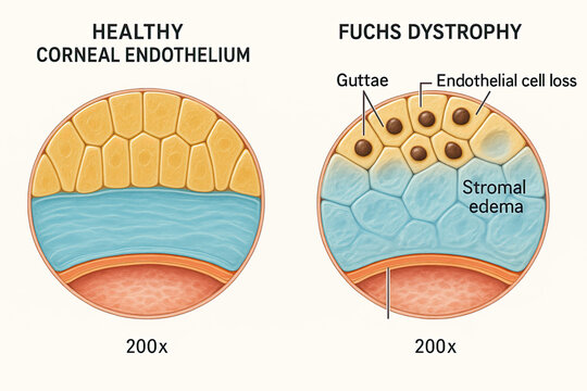 Medical illustration comparing healthy corneal endothelium to Fuchs Dystrophy, showing guttate, endothelial cell loss, and stromal edema at 200x magnification.