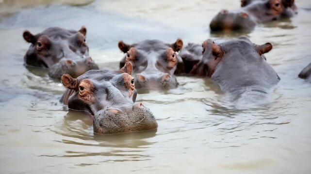 Hippopotamus in the water, hippos family swimming in the river, National Park, Africa