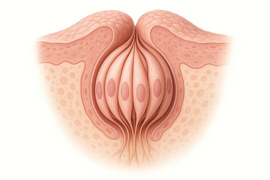 Detailed illustration of a fungiform taste bud structure, showcasing papillae, taste pore, and taste receptor cells.