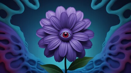 Surreal purple flower with an eye at the center, surrounded by abstract shapes, creating a mystical and intriguing botanical experience