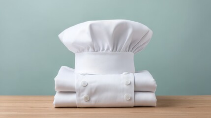 Chef hat and uniform neatly stacked on wooden table against soft pastel background, showcasing professional culinary gear for food service industry