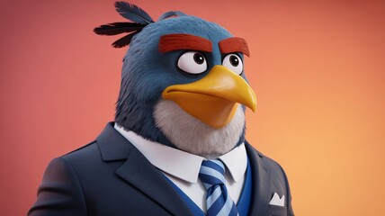 Sophisticated bluebird wearing a stylish suit, embodying confidence and professionalism for business or creative projects, adding a touch of whimsy.