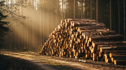 Pile of logs in a forest with sunlight streaming through the trees.
