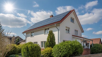 Bright home with solar panels gleams under a sunny sky, showcasing sustainable living and eco-friendly energy solutions for modern families and green initiatives