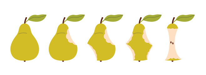 Eaten pear set of animation sequence. Bite stage collection, bitten ripe garden fruits with green leaf disappear piece by piece from whole to core, eating progression cartoon vector illustration