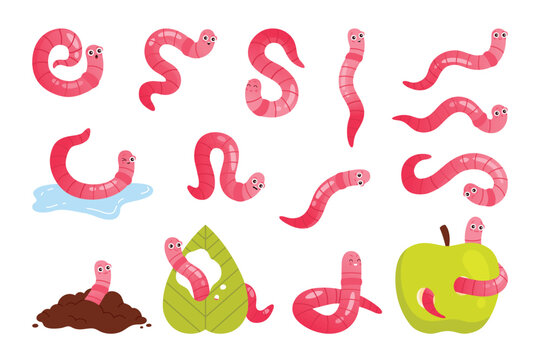 Funny pink worms set. Cute happy earthworms characters eat apple or green leaf, mascots with different expressions and joy crawl in garden soil, compost worms walk cartoon vector illustration