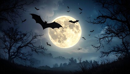 Halloween background with bats and full moon