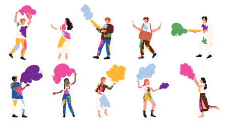 Happy people on Holi Hindu festival set. Male and female characters playing with colorful powder splashes, man and woman greeting with Festival of Colors, Love and Spring cartoon vector illustration