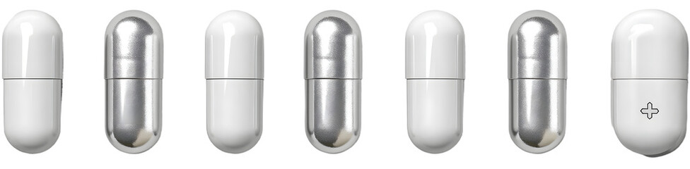 Set of white medicine pill capsules in different positions isolated on white, transparent background. Antibiotics, supplement, vitamin, healthcare concept, pharmaceutical medicine