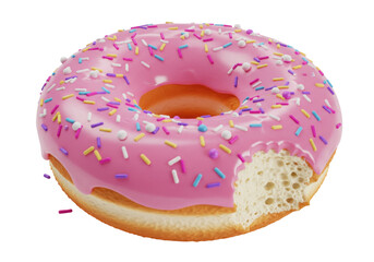 Isolated delicious pink frosted donut with colorful sprinkles and a bite taken out of it sweet pastry snack food dessert