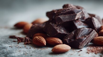 Rich dark chocolate chunks and whole almonds artfully scattered on a textured gray surface showcasing a delicious and wholesome ingredient