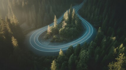 Breathtaking winding road through lush green forest landscape, perfect for travel adventure ads and scenic journey campaigns, inspiring wanderlust and escape.