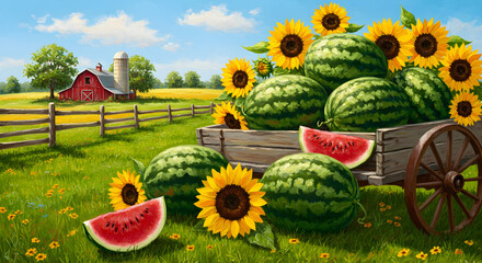 Vibrant Watermelon Harvest in a Sunny Field A Bountiful Summer Scene with Sunflowers and a Rustic Wagon