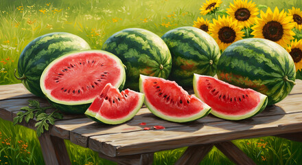 Refreshing watermelons, whole and sliced, on a rustic table outdoors. Green fields and bright sunflowers in the sunny background perfectly showcase this summer bounty