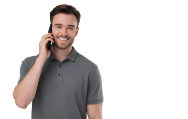 young smiling man in a gray polo shirt using a mobile phone, isolated on a transparent png background with no shadow.