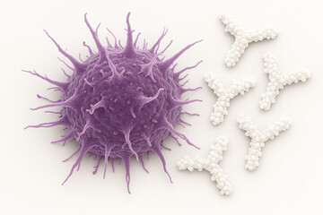 Fototapeta premium Microscopic view of a virus particle being attacked by antibodies. This 3D illustration depicts the immune system's response to a pathogen, highlighting the complex interactions at a cellular level, r