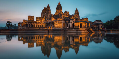 Fototapeta premium Dusk View of Angkor Wat with Golden Illumination