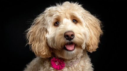 Golden Labradoodle dog portrait with curly cream fur wearing a pink flower collar on black background looking happy and cute
