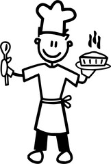 Joyful chef proudly presents a steaming hot pie while holding a wooden spoon, ready to serve delicious baked goods