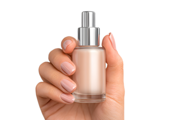 Woman hand holding facial essential oil or serum packaging on transparent background. Beauty cosmetic product for skincare concept. Mockup